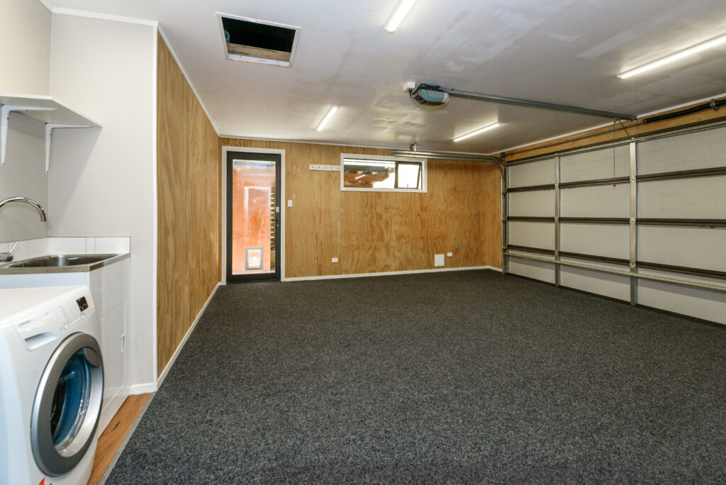 Garage lined with plywood